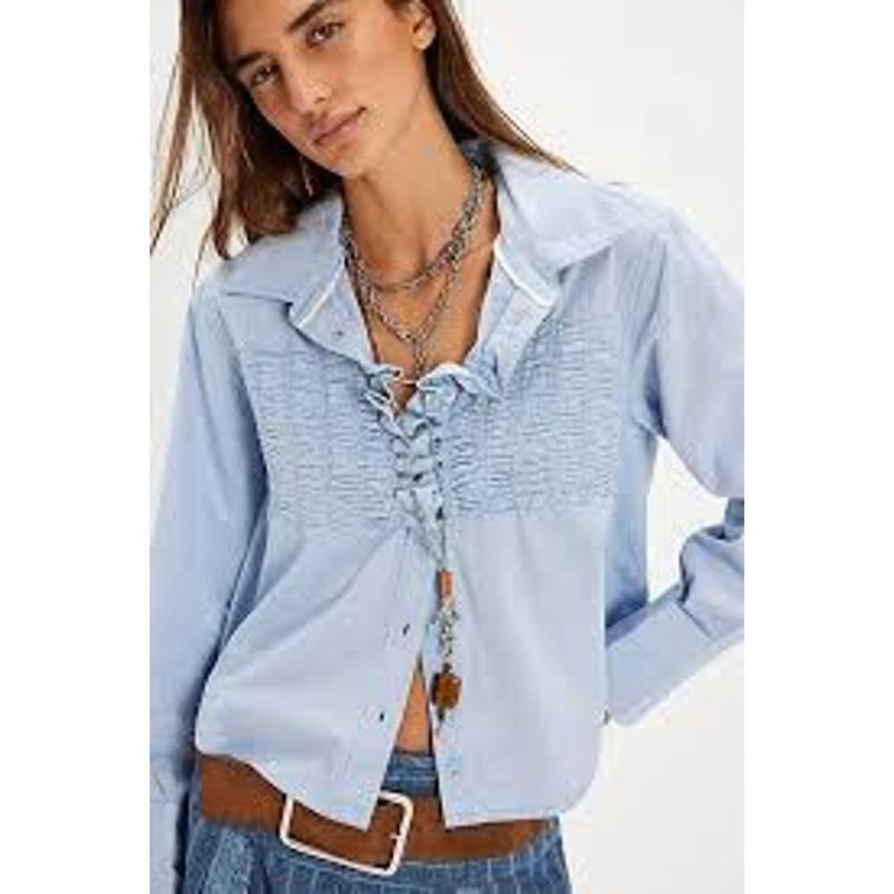 Free People We The Free Taylor Oxford shirt ruched panels on the chest. Size S - Picture 12 of 12
